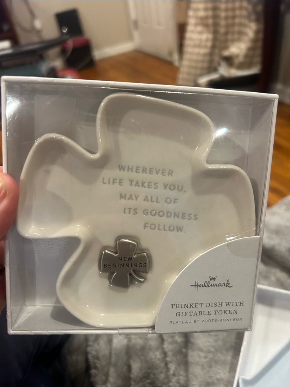 Hallmark Cream Shamrock Trinket Dish with Silver "New Beginnings" Token